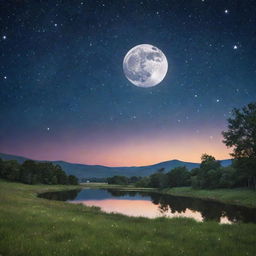 A mesmerizing night sky, adorned with a luminous full moon and sprinkled with myriad twinkling stars, casting a gentle glow upon a serene landscape.