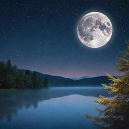 A mesmerizing night sky, adorned with a luminous full moon and sprinkled with myriad twinkling stars, casting a gentle glow upon a serene landscape.