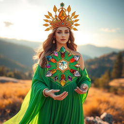 The goddess of abundance, adorned in a flowing green dress, embodies grace and prosperity