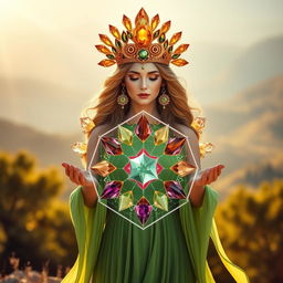 The goddess of abundance, adorned in a flowing green dress, embodies grace and prosperity