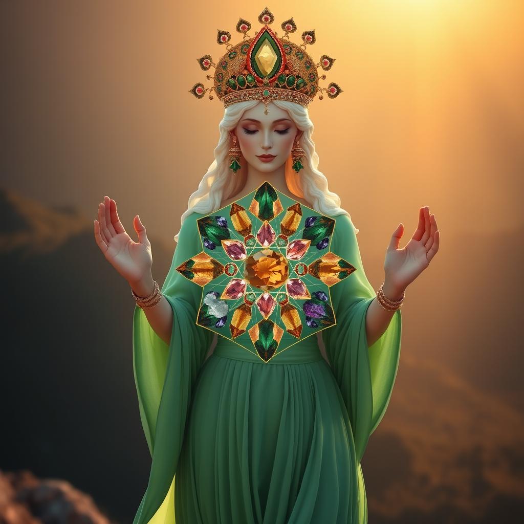 The goddess of abundance, adorned in a flowing green dress, embodies grace and prosperity