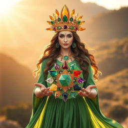 The goddess of abundance, adorned in a flowing green dress, embodies grace and prosperity