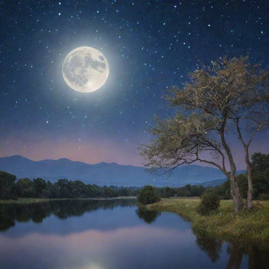 A mesmerizing night sky, adorned with a luminous full moon and sprinkled with myriad twinkling stars, casting a gentle glow upon a serene landscape.