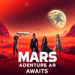 A futuristic travel poster capturing a thrilling trip to Mars featuring Isabel Allende, Emma Watson, Blair Waldorf, and Elisabeth Bennet