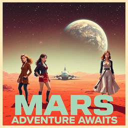 A futuristic travel poster capturing a thrilling trip to Mars featuring Isabel Allende, Emma Watson, Blair Waldorf, and Elisabeth Bennet