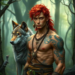 A medium-sized male druid with vibrant red hair and piercing red eyes, presenting a strong, well-muscled physique