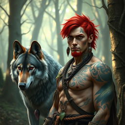 A medium-sized male druid with vibrant red hair and piercing red eyes, presenting a strong, well-muscled physique