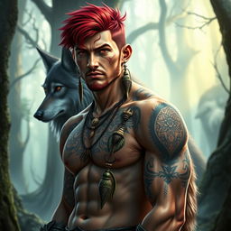 A medium-sized male druid with vibrant red hair and piercing red eyes, presenting a strong, well-muscled physique