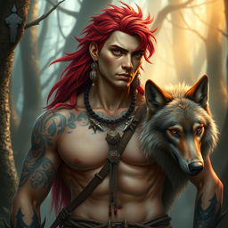 A medium-sized male druid with vibrant red hair and piercing red eyes, presenting a strong, well-muscled physique