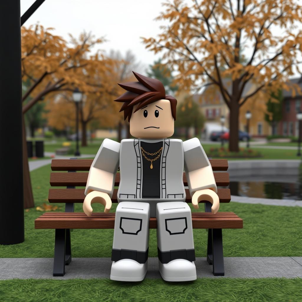 A Roblox character with default outfit, lacking any premium accessories or enhancements, sitting on a bench in a small town park