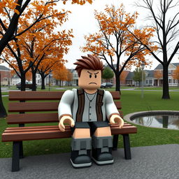 A Roblox character with default outfit, lacking any premium accessories or enhancements, sitting on a bench in a small town park