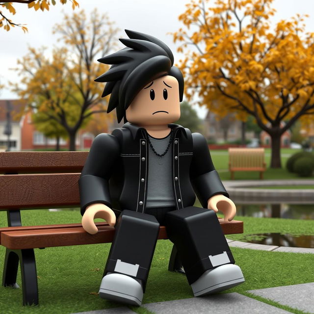 A Roblox character with default outfit, lacking any premium accessories or enhancements, sitting on a bench in a small town park