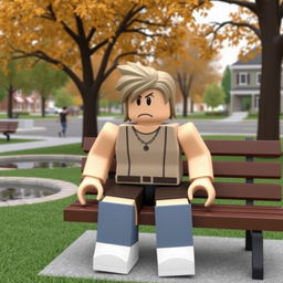 A Roblox character with default outfit, lacking any premium accessories or enhancements, sitting on a bench in a small town park