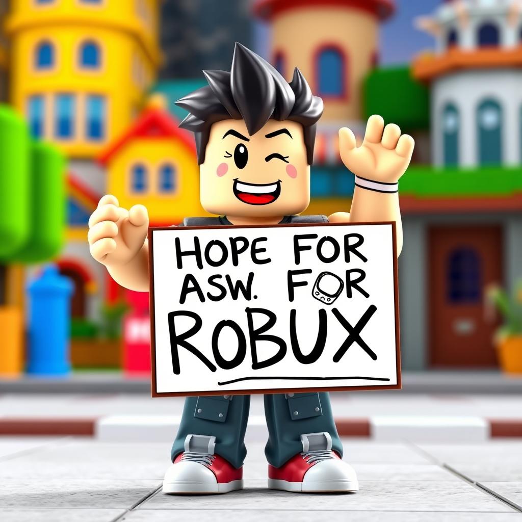 A cartoonish Roblox character with blocky features, standing in a playful pose, holding out a sign that humorously asks for Robux