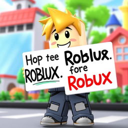 A cartoonish Roblox character with blocky features, standing in a playful pose, holding out a sign that humorously asks for Robux