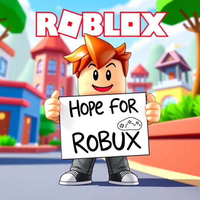 A cartoonish Roblox character with blocky features, standing in a playful pose, holding out a sign that humorously asks for Robux