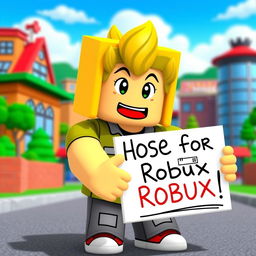 A cartoonish Roblox character with blocky features, standing in a playful pose, holding out a sign that humorously asks for Robux