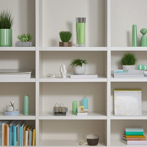 A meticulously organized room, with everything in its proper place. Clean surfaces, neatly arranged furniture, a desk with stationery items perfectly lined up, shelves with systematically sorted books, plants adding a fresh touch.