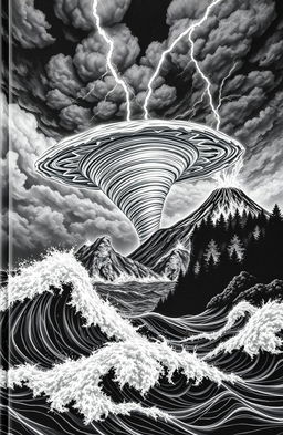 A realistic black and white book cover depicting a powerful natural disaster scene