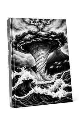 A realistic black and white book cover depicting a powerful natural disaster scene