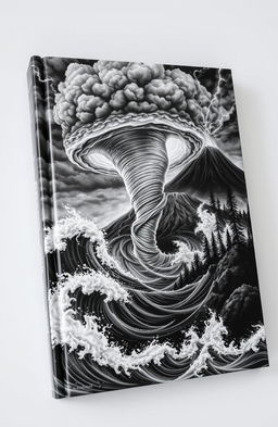 A realistic black and white book cover depicting a powerful natural disaster scene