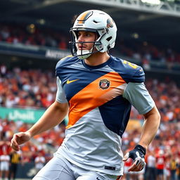 A dynamic action shot of a football player wearing a modern, stylish football t-shirt