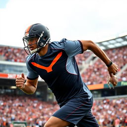 A dynamic action shot of a football player wearing a modern, stylish football t-shirt