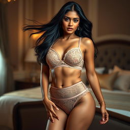 A beautiful Indian Tamil woman with flowing dark hair, confidently posing in stylish and elegant lingerie