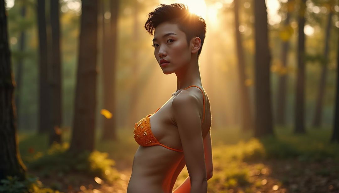 A beautiful 18-year-old Chinese woman with a trendy quiff pixie haircut that highlights her big breasts and sexy curves