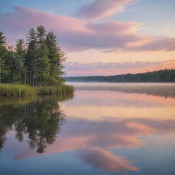 A serene scene depicting tranquility. Envision a calm, still lake reflecting the soft pastel hues of a peaceful sunset, surrounded by feather-like clouds and untouched nature.