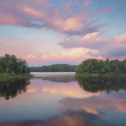 A serene scene depicting tranquility. Envision a calm, still lake reflecting the soft pastel hues of a peaceful sunset, surrounded by feather-like clouds and untouched nature.