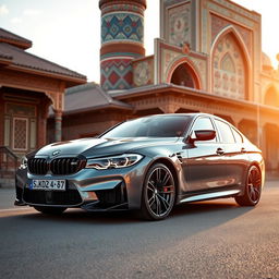 A sleek and powerful BMW M3 G80 on the vibrant streets of Uzbekistan