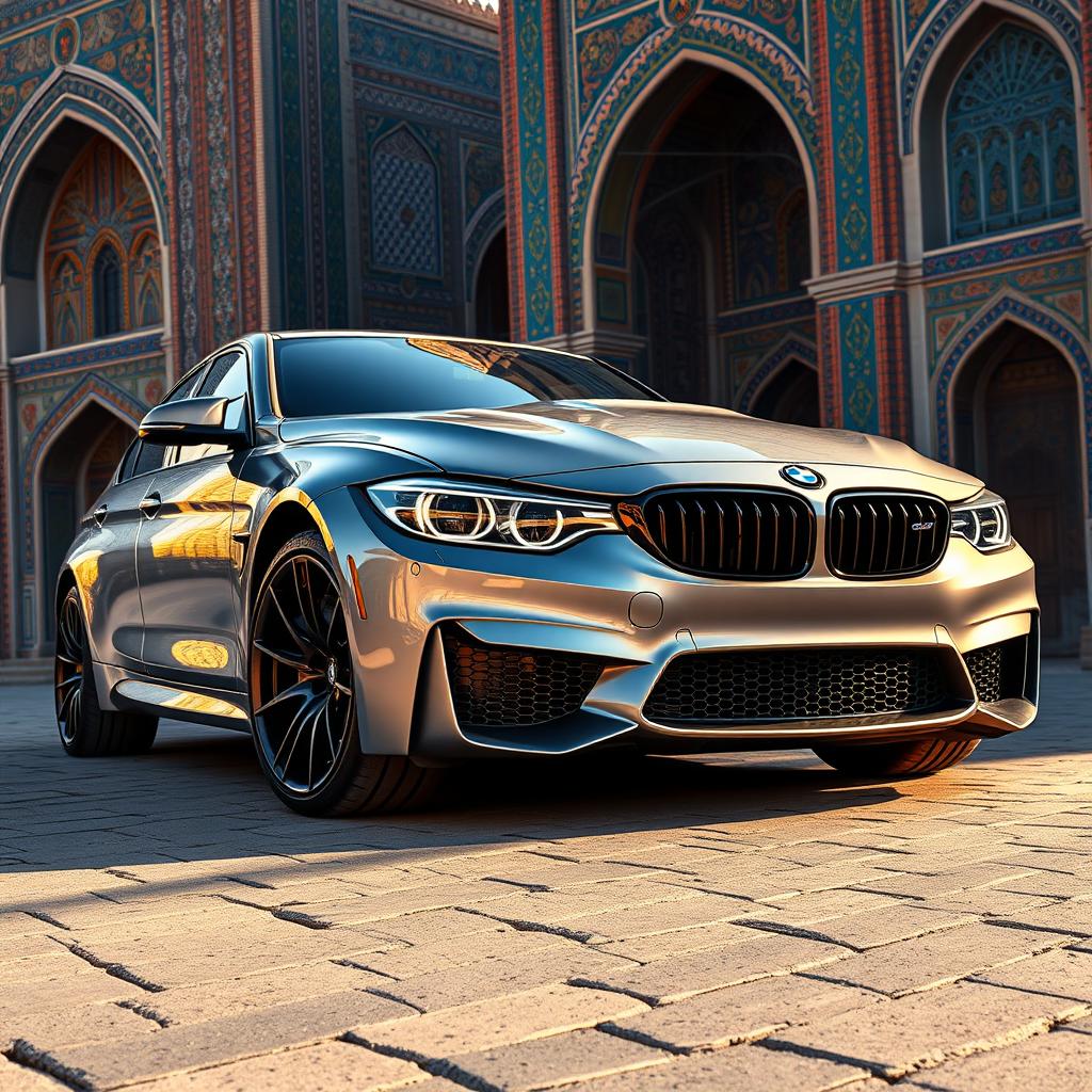 A sleek and powerful BMW M3 G80 on the vibrant streets of Uzbekistan