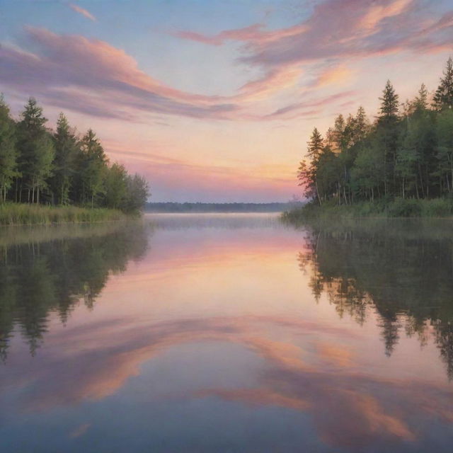 A serene scene depicting tranquility. Envision a calm, still lake reflecting the soft pastel hues of a peaceful sunset, surrounded by feather-like clouds and untouched nature.