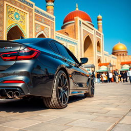 2024 BMW M3 G80 on the streets of Samarkand, featuring the vibrant colors of Samarkand's historic architecture and bustling market scenes