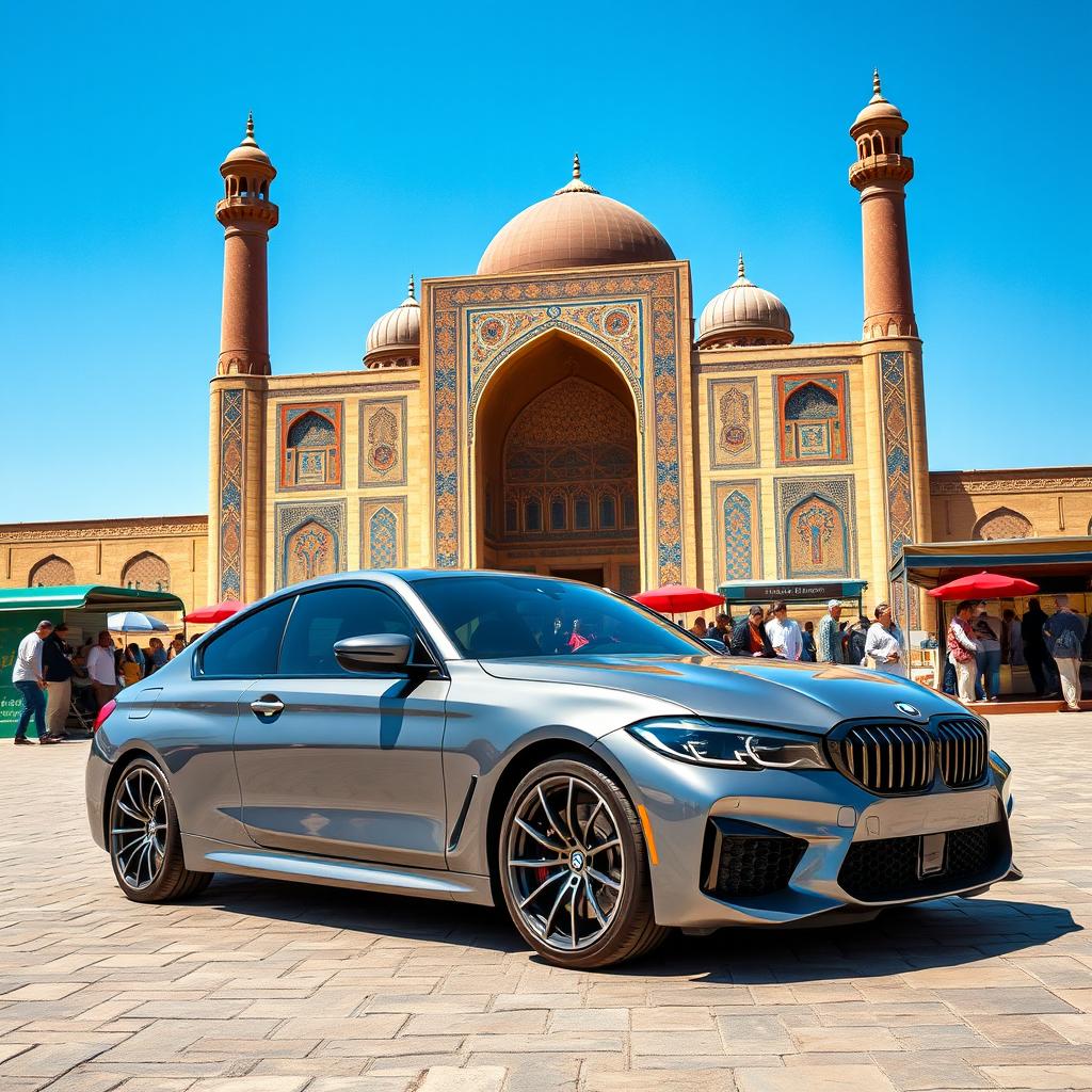 2024 BMW M3 G80 on the streets of Samarkand, featuring the vibrant colors of Samarkand's historic architecture and bustling market scenes