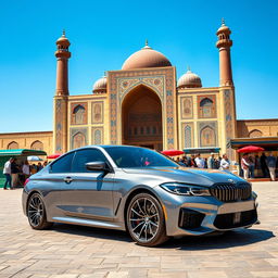 2024 BMW M3 G80 on the streets of Samarkand, featuring the vibrant colors of Samarkand's historic architecture and bustling market scenes