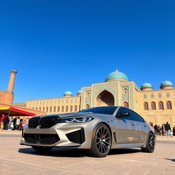 2024 BMW M3 G80 on the streets of Samarkand, featuring the vibrant colors of Samarkand's historic architecture and bustling market scenes