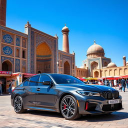 2024 BMW M3 G80 on the streets of Samarkand, featuring the vibrant colors of Samarkand's historic architecture and bustling market scenes