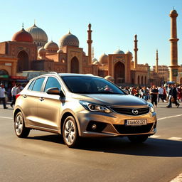 A Daewoo Nexia 2 car driving through the vibrant cityscape of Samarkand