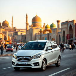 A Daewoo Nexia 2 car driving through the vibrant cityscape of Samarkand