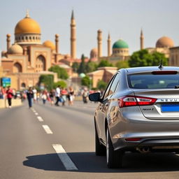 A Daewoo Nexia 2 car driving through the vibrant cityscape of Samarkand