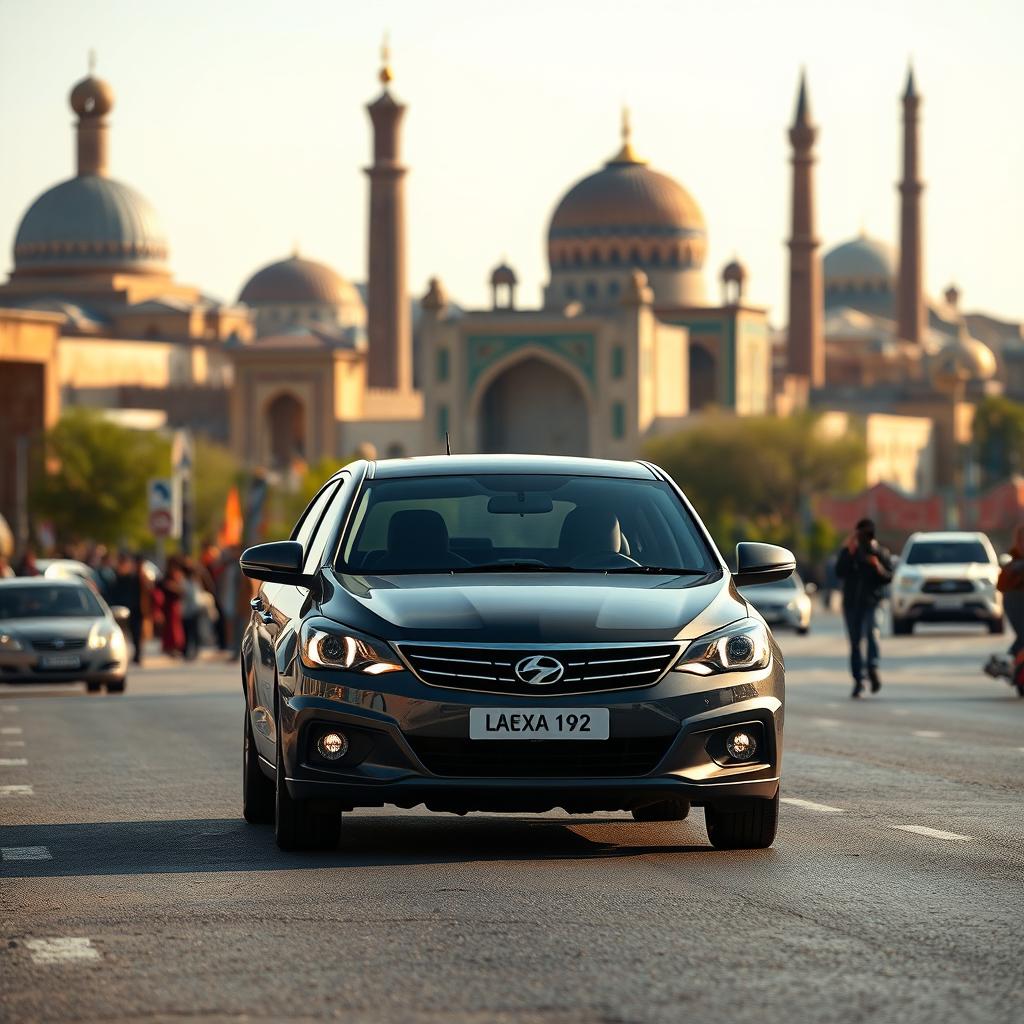 A Daewoo Nexia 2 car driving through the vibrant cityscape of Samarkand