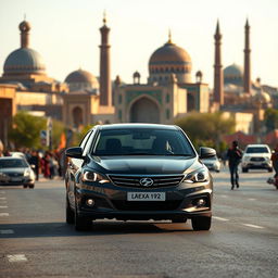 A Daewoo Nexia 2 car driving through the vibrant cityscape of Samarkand