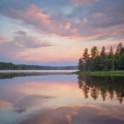 A serene scene depicting tranquility. Envision a calm, still lake reflecting the soft pastel hues of a peaceful sunset, surrounded by feather-like clouds and untouched nature.