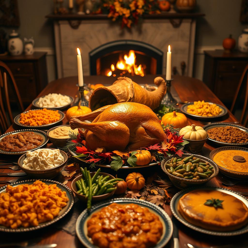 An abundant Thanksgiving feast spread out on a beautifully decorated dining table, featuring a golden-brown roasted turkey as the centerpiece, surrounded by traditional side dishes like mashed potatoes, cranberry sauce, green bean casserole, and pumpkin pie