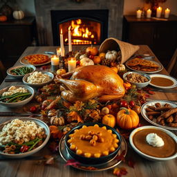 An abundant Thanksgiving feast spread out on a beautifully decorated dining table, featuring a golden-brown roasted turkey as the centerpiece, surrounded by traditional side dishes like mashed potatoes, cranberry sauce, green bean casserole, and pumpkin pie