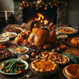 An abundant Thanksgiving feast spread out on a beautifully decorated dining table, featuring a golden-brown roasted turkey as the centerpiece, surrounded by traditional side dishes like mashed potatoes, cranberry sauce, green bean casserole, and pumpkin pie