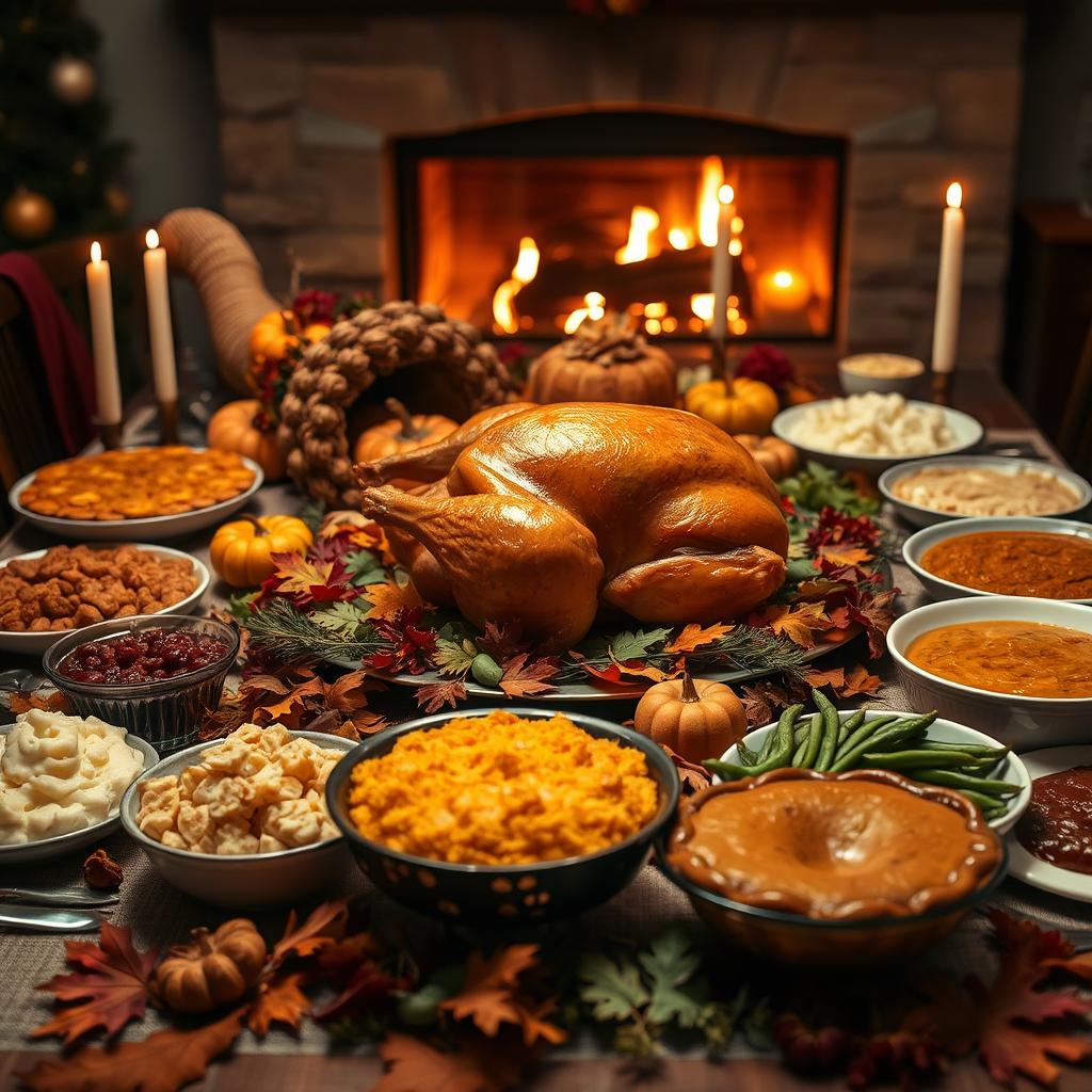 An abundant Thanksgiving feast spread out on a beautifully decorated dining table, featuring a golden-brown roasted turkey as the centerpiece, surrounded by traditional side dishes like mashed potatoes, cranberry sauce, green bean casserole, and pumpkin pie