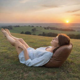 A comforting scene representing 'Feeling of Satisfaction'. A satisfied individual reclining peacefully on a grassy knoll overlooking a breathtaking sunset. Their relaxed posture conveys a sense of contentment and peace.